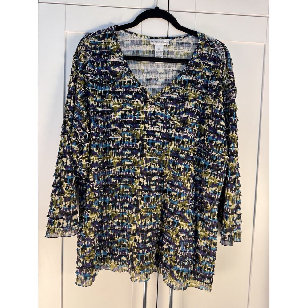 Drapers & Damons 2X Textured Blouse Blue Green Abstract Stretch Plus Size Top